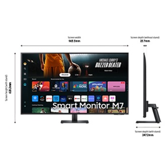 Dimension of 43inch Samsung Smart Monitor M70D (965.5 x 629.3 x 247.2 mm) with black stand, and screen depth of 25.7 mm without stand.