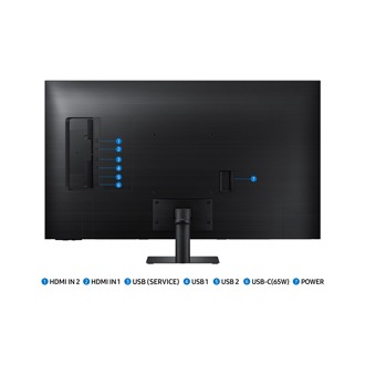 Jackport of 43inch Samsung Smart Monitor M70D including USB-C(65W), USB (SERVICE), two of USB, two of HDMI IN, and power.