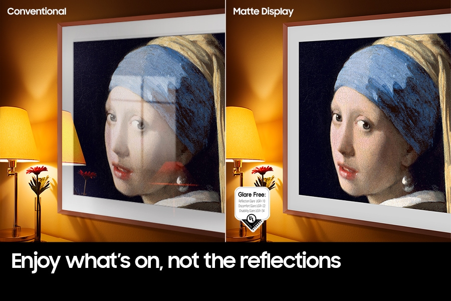 Der konventionelle Bildschirm zeigt Kunstwerke voller Reflexionen. Das Matte Display zeigt das gleiche Gemälde blendfrei an. Das UL-geprüfte Glare-Free-Logo wird mit Reflection Glare UGR<10, Discomfort Glare UGR<22, Disability Glare UGR<34 angezeigt.