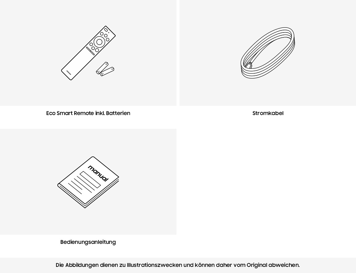 Dem Crystal UHD 4K CU7179 wird eine Eco Smart Remote, ein Stromkabel und eine Anleitung mitgeliefert.