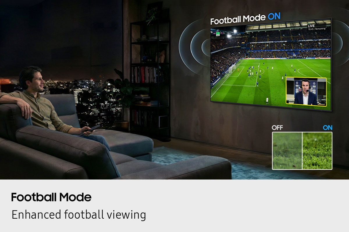 Man enjoys clear crowd and commentator sound with crisp, vibrant visuals with Football Mode ON compared to off on Samsung TV.
