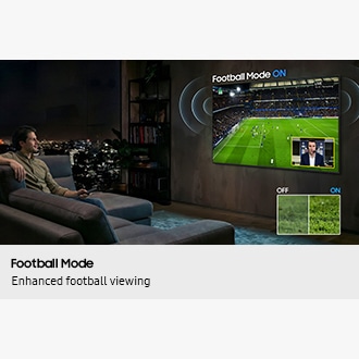 Man enjoys clear crowd and commentator sound with crisp, vibrant visuals with Football Mode ON compared to off on Samsung TV.