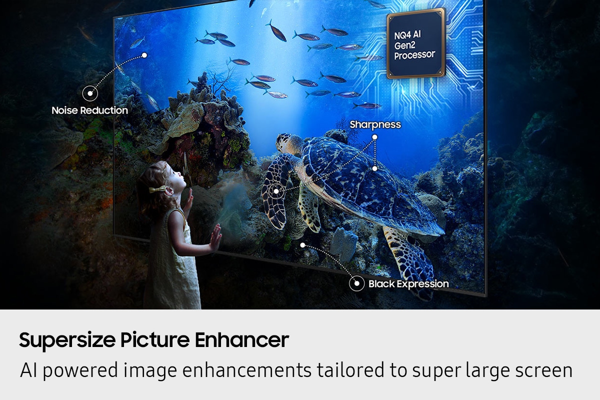 A child views underwater scene with Sharpness, Noise Reduction and Black Expression optimized by Samsung NQ4 AI Gen2 Processor.