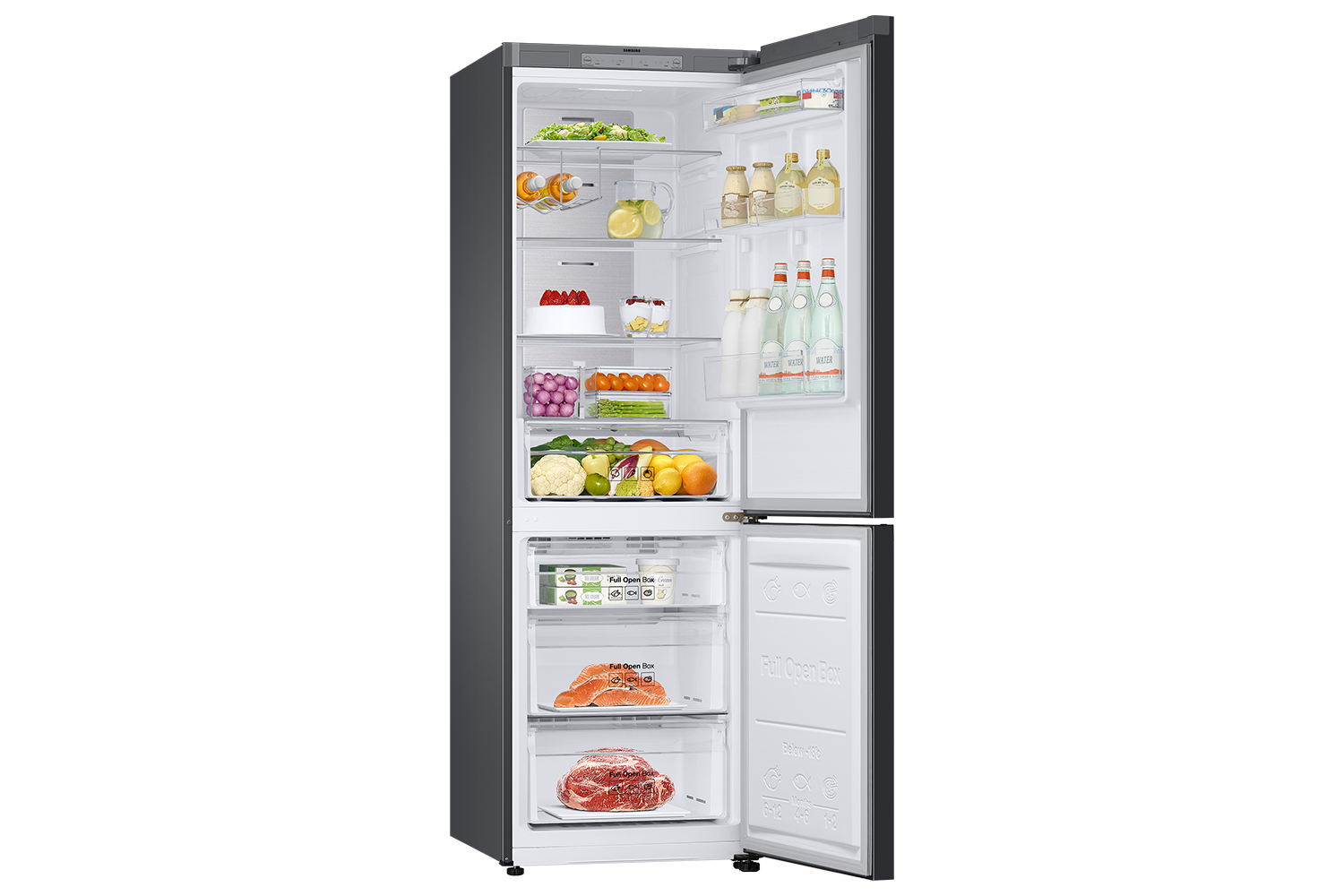 Bespoke Bottom Mount Refrigerator door open angled with food Satin Beige glass top and Satin Beige glass bottom panels
