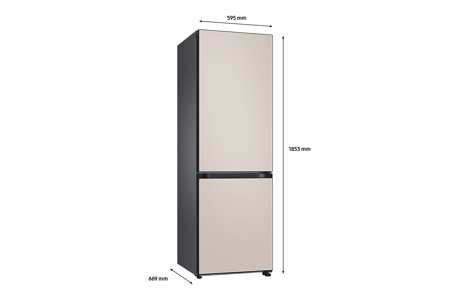 Bespoke Bottom Mount Refrigerator dimension Satin Beige glass top and Satin Beige glass bottom panels