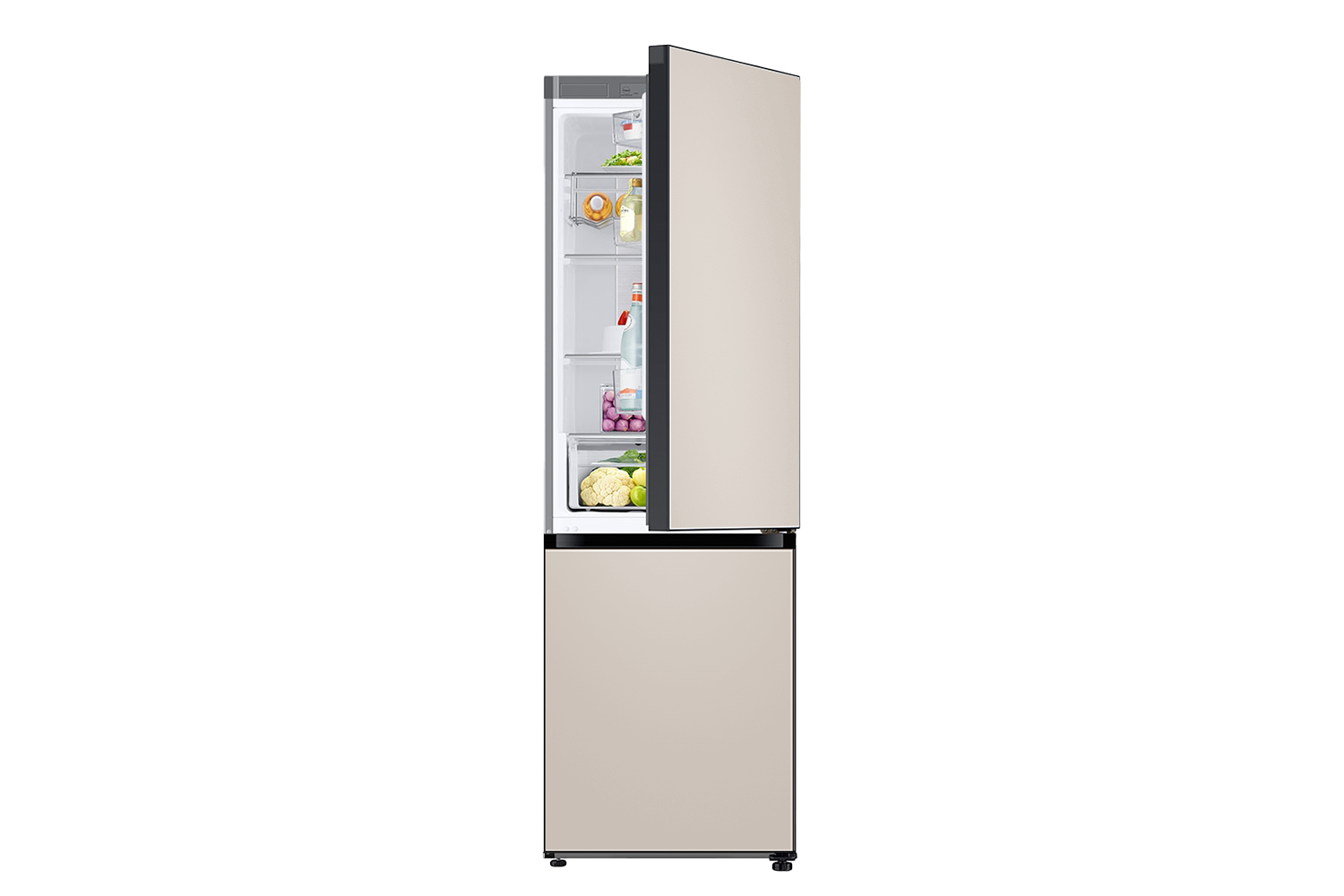 Bespoke Bottom Mount Refrigerator top door open Satin Beige glass top and Satin Beige glass bottom panels