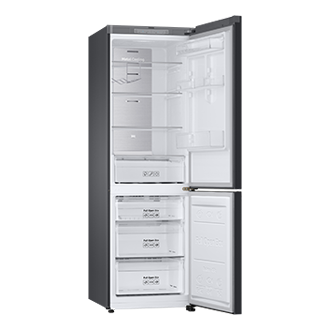 Bespoke Bottom Mount Refrigerator door open angled Satin Beige glass top and Satin Beige glass bottom panels