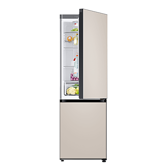 Bespoke Bottom Mount Refrigerator top door open Satin Beige glass top and Satin Beige glass bottom panels
