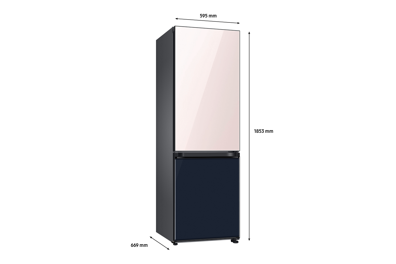 Bespoke Bottom Mount Refrigerator Dimension Clean Pink top and Clean Navy Glass bottom panels