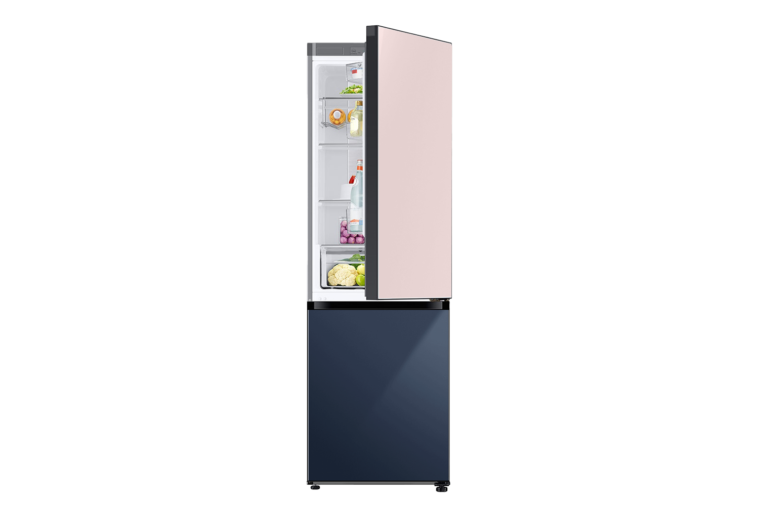 Bespoke Bottom Mount Refrigerator open door Clean Pink top and Clean Navy Glass bottom panels