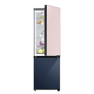 Bespoke Bottom Mount Refrigerator open door Clean Pink top and Clean Navy Glass bottom panels