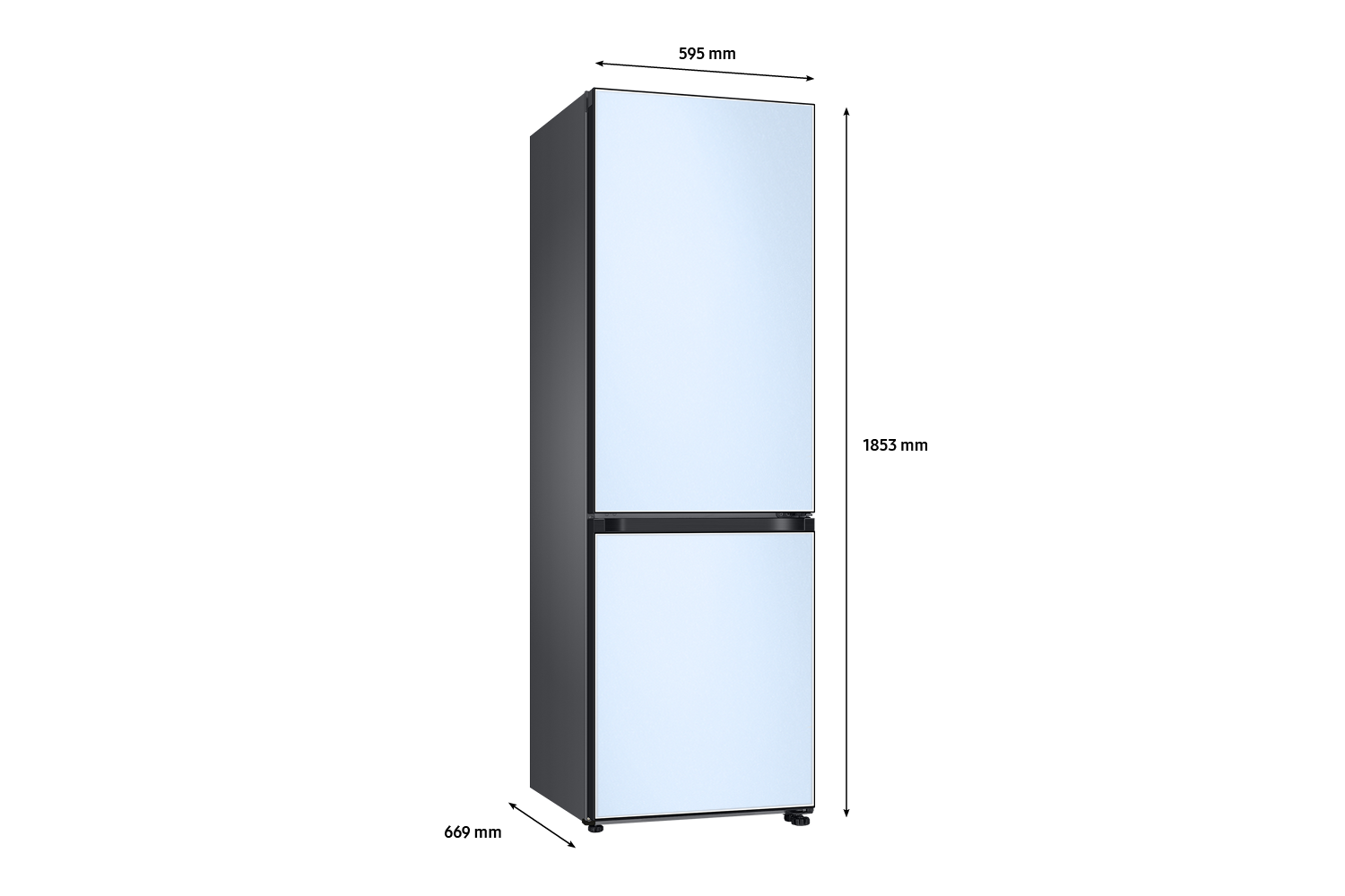 Bespoke Bottom Mount Refrigerator dimension Satin Sky Blue Glass top and Satin Sky Blue Glass bottom panels