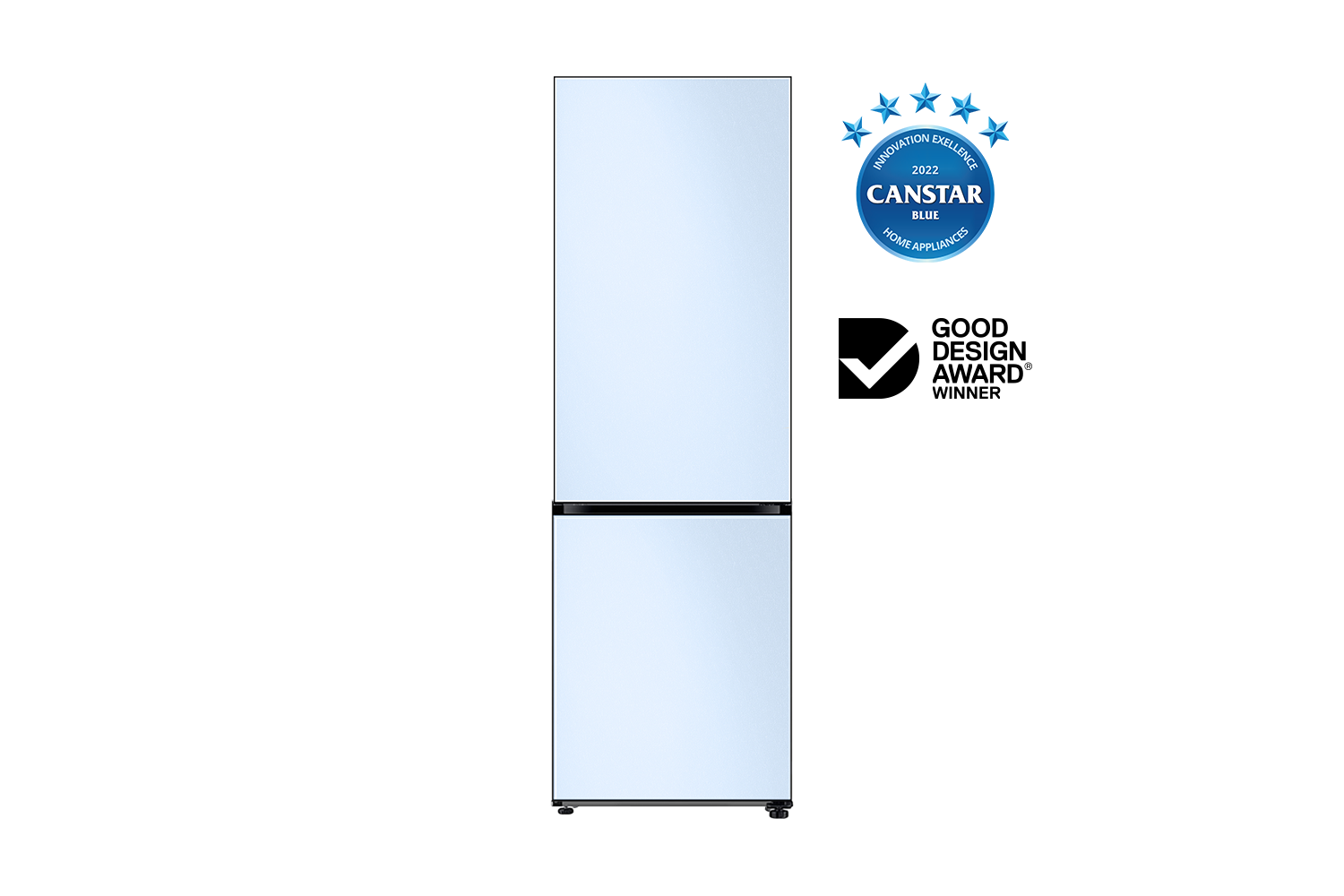 Bespoke Bottom Mount Refrigerator front Satin Sky Blue Glass top and Satin Sky Blue Glass bottom panels