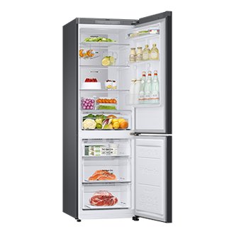 Bespoke Bottom Mount Refrigerator door open angled with food Satin Sky Blue Glass top and Satin Sky Blue Glass bottom panels