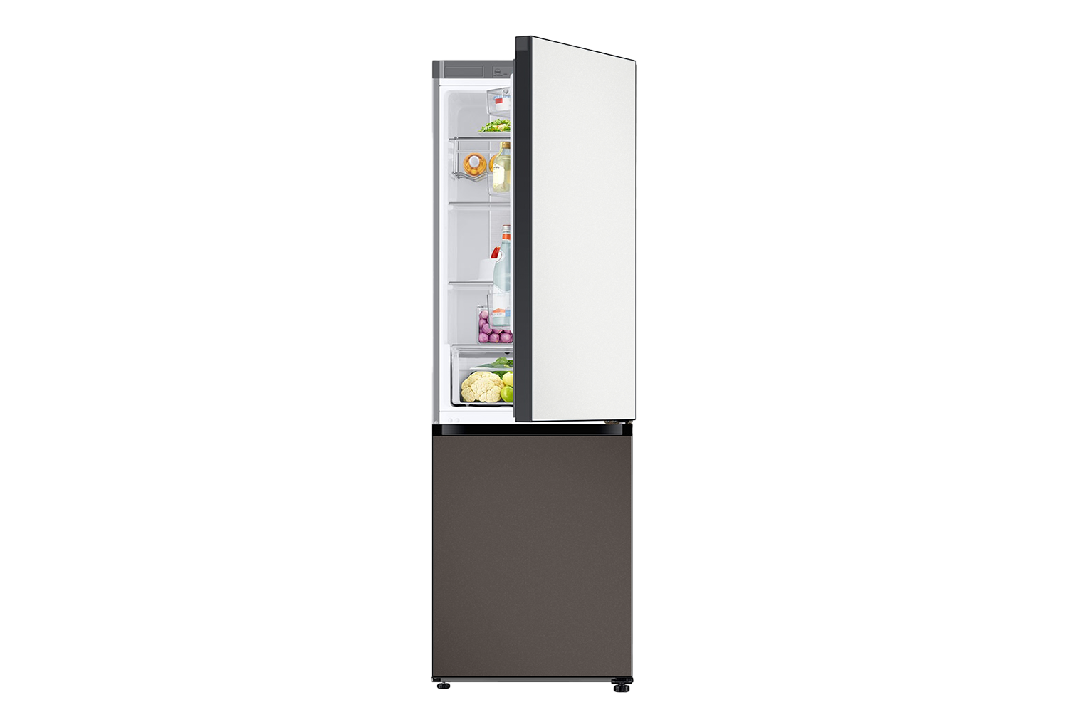 Bespoke Bottom Mount Refrigerator top door open Cotta White Metal top and Cotta Charcoal Metal bottom panels