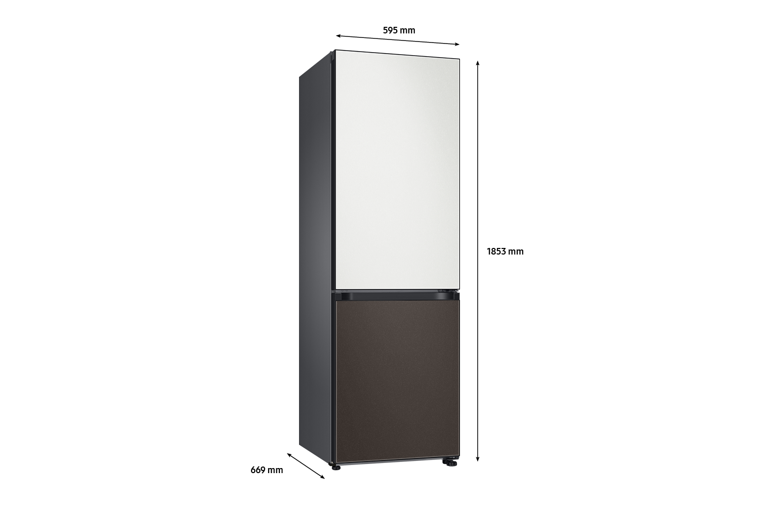 Bespoke Bottom Mount Refrigerator dimension Cotta White Metal top and Cotta Charcoal Metal bottom panels