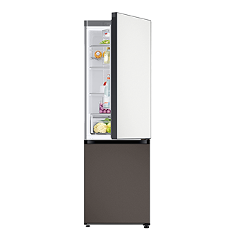Bespoke Bottom Mount Refrigerator top door open Cotta White Metal top and Cotta Charcoal Metal bottom panels