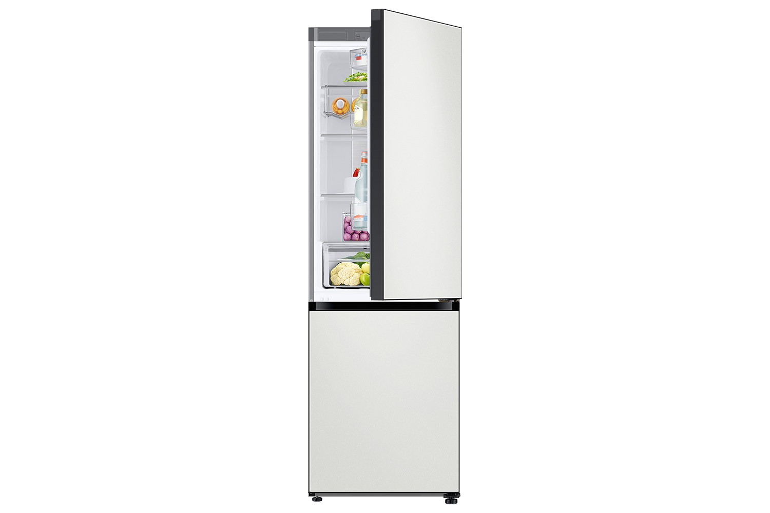 Bespoke Bottom Mount Refrigerator top door open in Cotta White Metal top and Cotta White Metal bottom panels