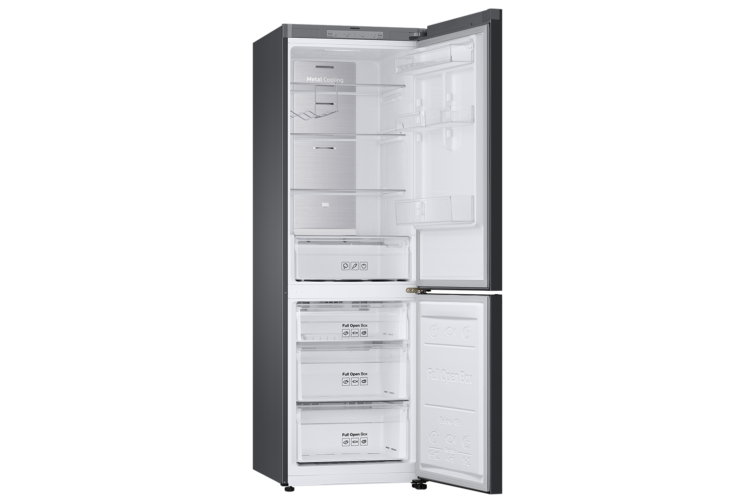 Bespoke Bottom Mount Refrigerator door open angled in Cotta White Metal top and Cotta White Metal bottom panels