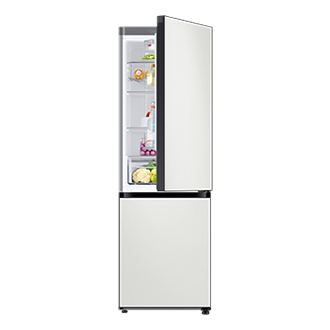 Bespoke Bottom Mount Refrigerator top door open in Cotta White Metal top and Cotta White Metal bottom panels