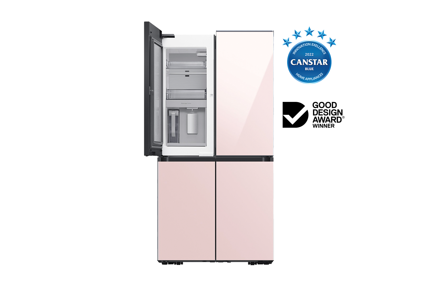 Bespoke Free Standing French Door Refrigerator Pink Open Door