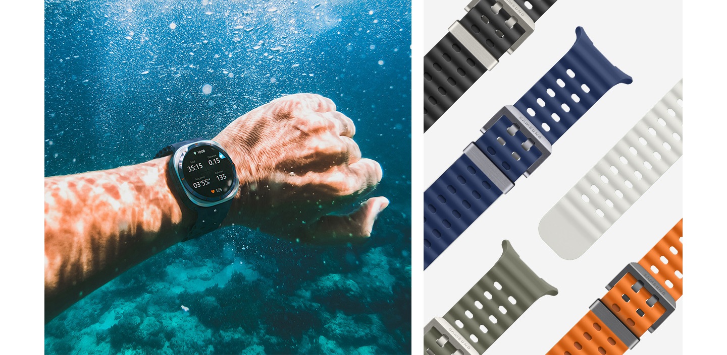 On the left, a person wearing a Galaxy Watch Ultra Marine Band in Blue is diving in the ocean. On the right, five Galaxy Watch Ultra Marine Bands in Dark Gray, Blue, Green, White and Orange are laid diagonally next to one another.