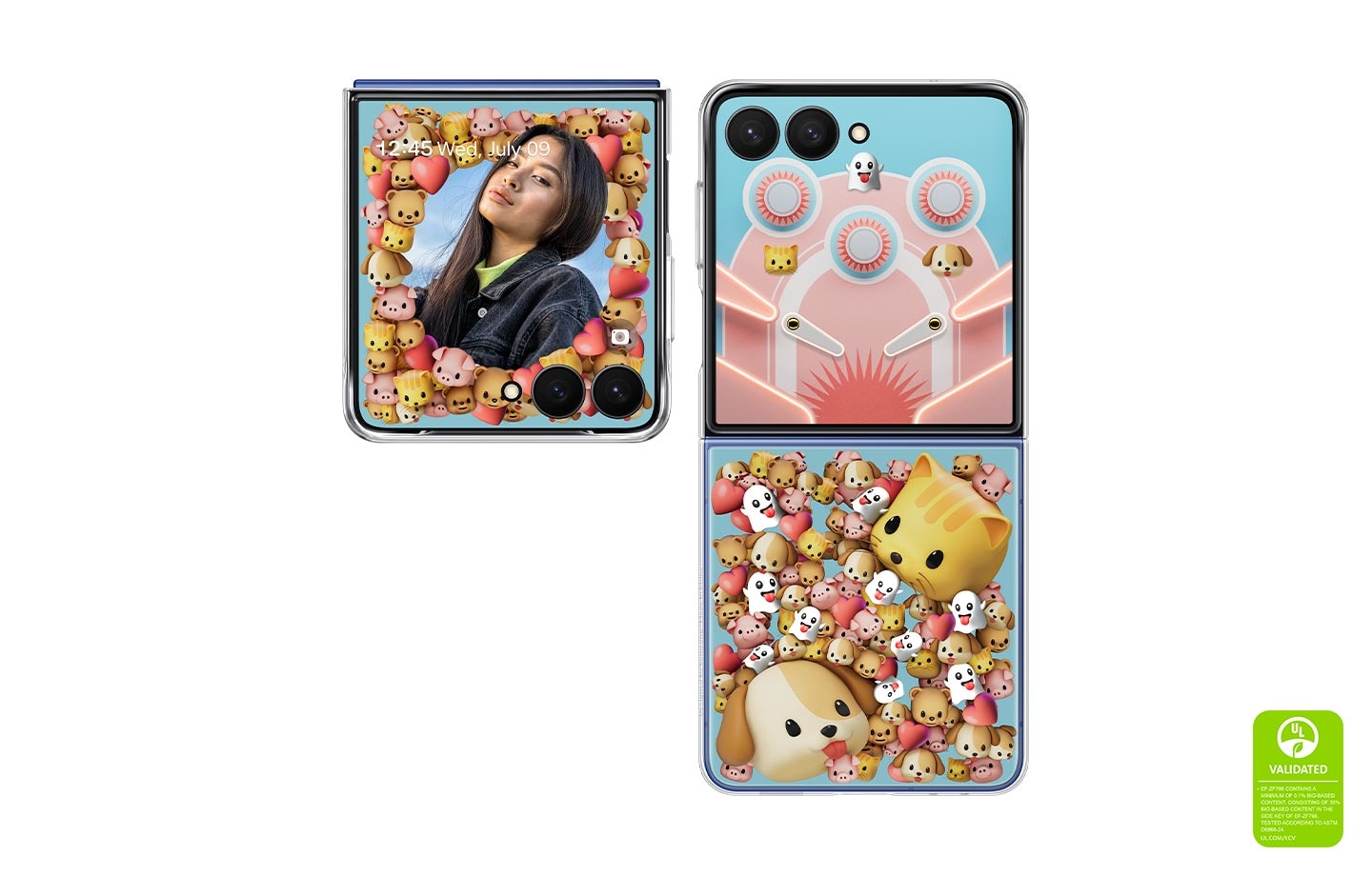 An unfolded Galaxy Z Flip7 appears and when a Flipsuit Card is inserted to the back cover, the LED function activates and the screen syncs to display basic content that can be customized with an interactive wallpaper. A newly unfolded Galaxy Z Flip7 appears showing basic content with the same customized interactive wallpaper. The same display is swiped to switch the FlexWindow to the customized Photo Frame, along with the time and date at the top. The text reads UL VALIDATED EF-ZF766 CONTAINS A MINIMUM OF 0.1% BIO-BASED CONTENT, CONSISTING OF 35% BIO-BASED CONTENT IN THE SIDE KEY OF EF-ZF766, TESTED ACCORDING TO ASTM D6866-24. UL.COM/ECV