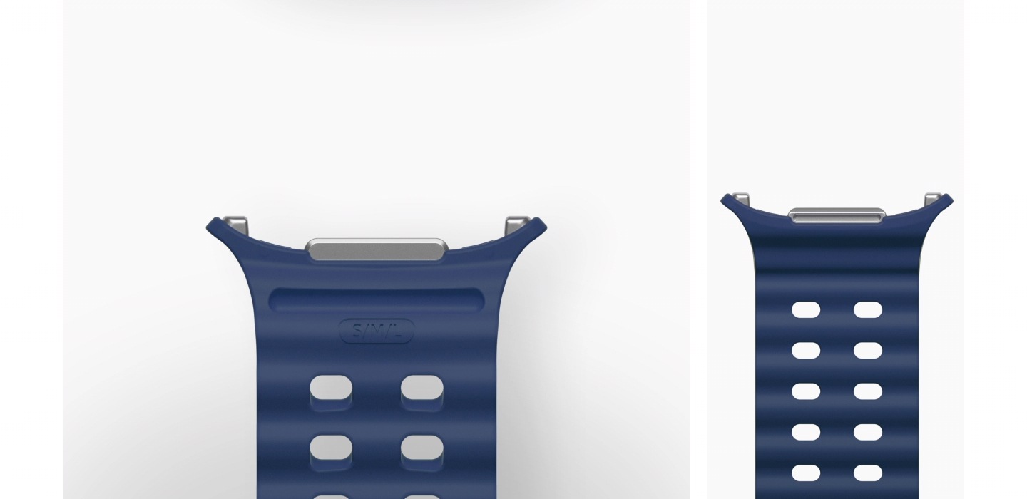 The bottom half of a Blue Galaxy Watch Ultra Marine Band appears on screen, followed by Galaxy Watch Ultra. The Dynamic Lug System on the inner lining of the Blue Galaxy Watch Ultra Marine Band easily attaches to the watch body of the Galaxy Watch Ultra. The shot zooms out, showing the back of the Galaxy Watch Ultra attached to the top and bottom portion of the Blue Galaxy Watch Ultra Marine Band.