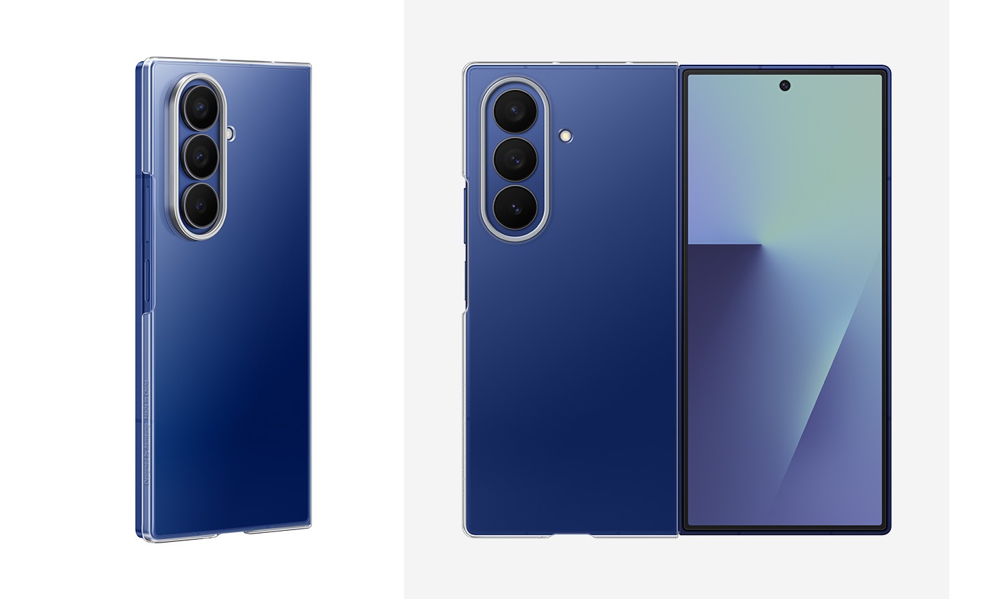 A folded Galaxy Z Fold7 stands upright slightly at a side angle with the Clear Case. An unfolded Galaxy Z Fold7 has the Clear Case applied with the front screen and camera facing forward highlighting the slimness of the case.