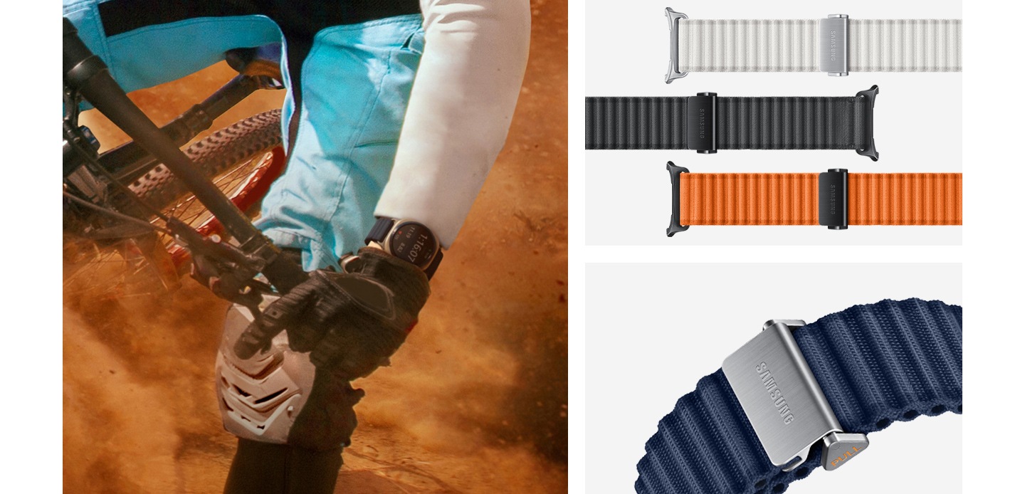 On the left, a close-up shot of a man wearing a Galaxy Watch Ultra Trail Band in Blue on his wrist while riding a trail bike through the desert. On the right, three Galaxy Watch Trail Bands in White Sand, Dark Gray and Orange are laid straight horizontally. The close-up of the Galaxy Watch Trail Band in Blue is shown on the bottom right.