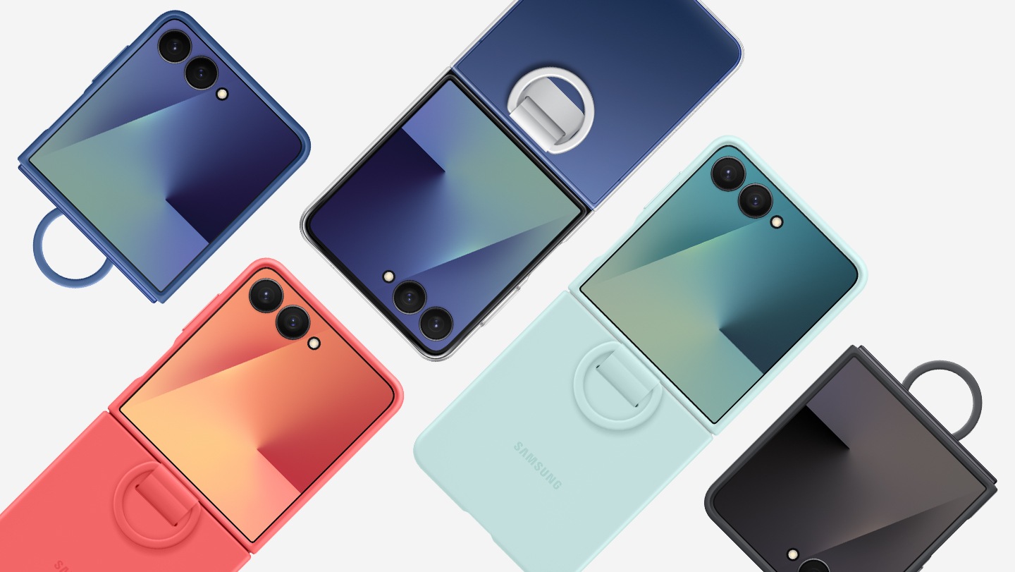5 Galaxy Z Flip7 devices are arranged. 4 are installed with Galaxy Z Flip7 Ring Case(Silicone) in Blue, Mint, Red, and Black. 1 Galaxy Z Flip7 is installed with the Ring Case (Clear). 2 Galaxy Z Flip7 devices are folded while the rest are unfolded.