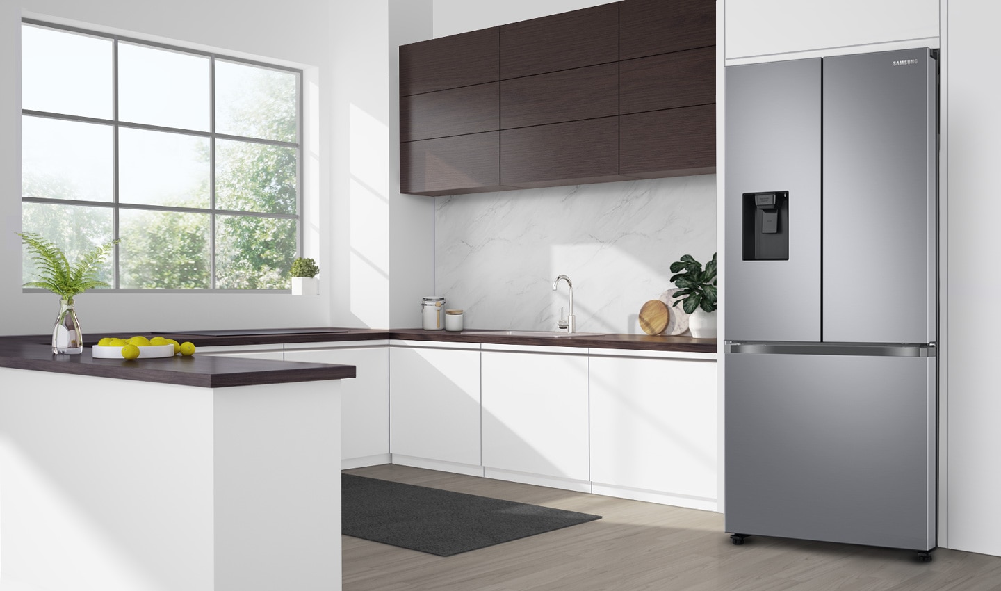 The SRF5300SD in a kitchen. The SRF5300SD is positioned slightly forward of the wall, a little further than the depth of the door