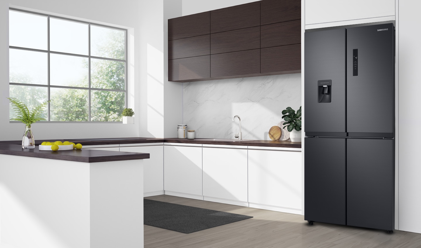 The RF4000TM is installed in the kitchen with minimal handles and a stylish front LED display.