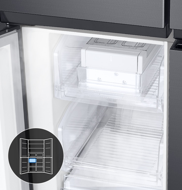 The ice maker is located in the upper left corner of the SRF5700BD French Door freezer compartment.