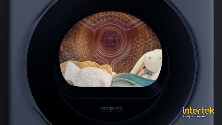 The clean laundry is in the dryer full of heat, and the 99% anti-germs and the Intertek quality logos are on the side.