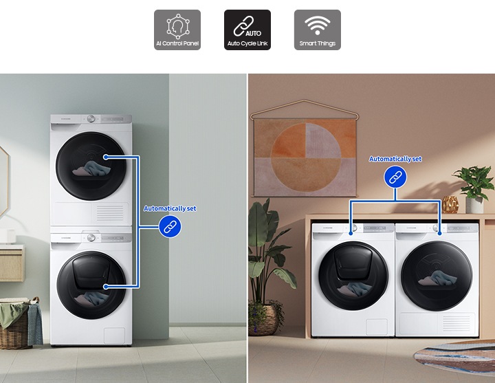 Two sets of washers and dryers are placed differently in two separate living spaces. Each set is linked with a blue line.