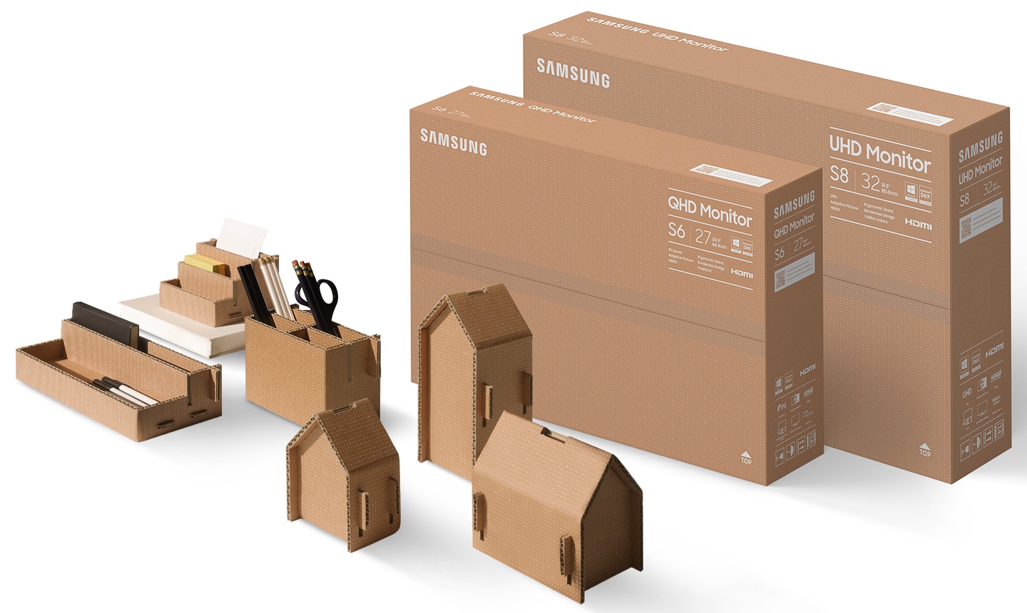 There are S8 32\ and S6 27\ packing boxes, and in front of them are boxed pencil holders, organizers, and small items.
