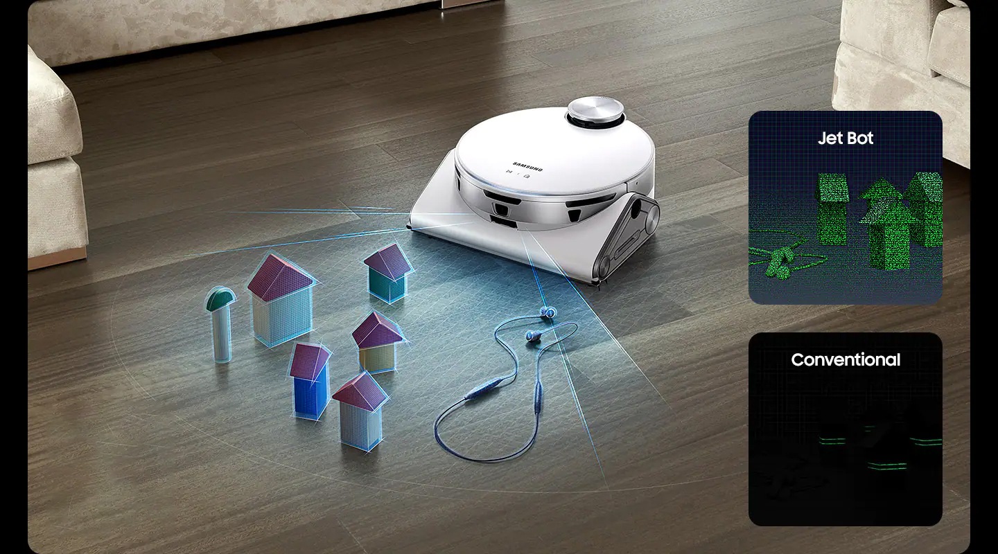 A Jet Bot AI+ megtisztítja a nappali padlóját, 3D-s érzékelője segítségével elkerüli a kis játékokat és egy pár fülhallgatót. Létezik a Samsung világ első robotporszívója aktív sztereó 3D szenzor logóval.