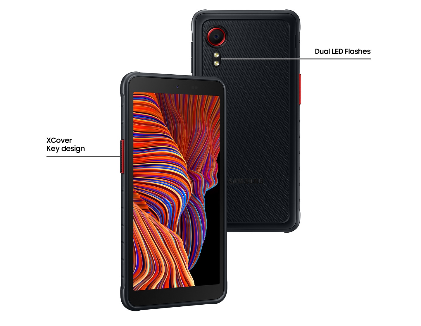 Two Galaxy XCover 5 in black stand next to each other slightly overlapping. The tilted one with the orange line-graphic onscreen is on the left side, showing XCover Key design. The other back view of Galaxy XCover 5 shows Dual LED Flashes.