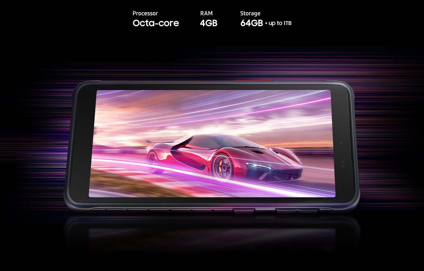 Galaxy XCover 5 shows a red racing car, indicating device offers Octa-core processor, 4GB RAM, 64GB with up to 1TB-storage.