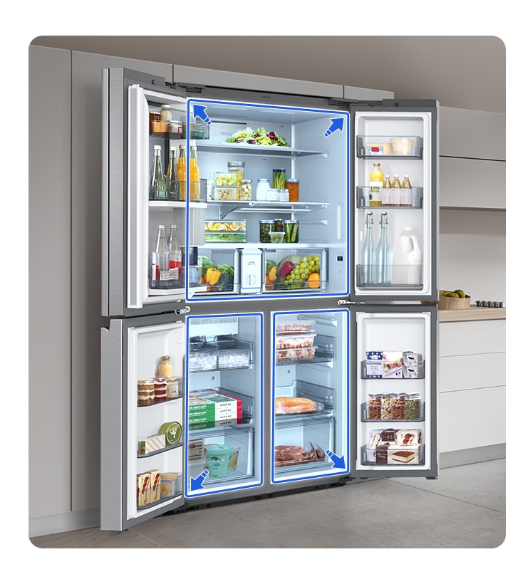 The fridge's 4 wide open doors demonstrate the large capacity and efficiently organized layout for easier use.