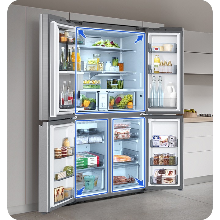 The fridge's 4 wide open doors demonstrate the large capacity and efficiently organized layout for easier use.