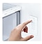 A hand touches the LED screen inside the fridge, with water and ice controls, and temp settings for the fridge and freezer.