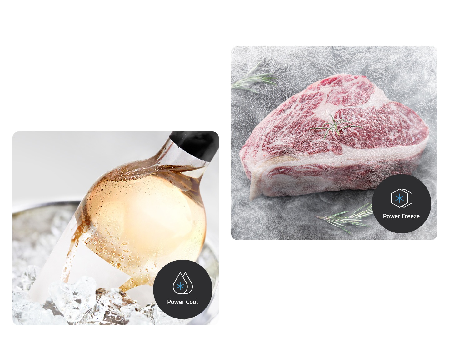 A bottle of white wine is being chilled in ice with Power Cool, and a steak is being frozen quickly with Power Freeze.