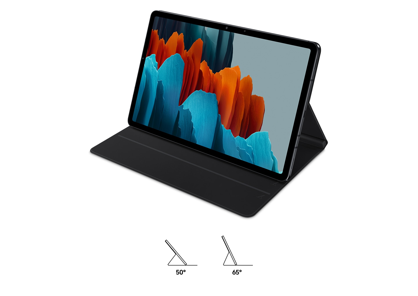 Standing view of Tab S7 Bookcover, there are two angle icons, 50 and 65 degree, for cover's stand view options.