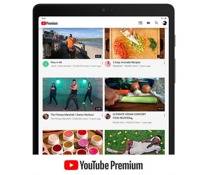 YouTube is displayed on Galaxy Tab A7 Lite showing an assortment of YouTube Premium videos. YouTube Premium logo is displayed.