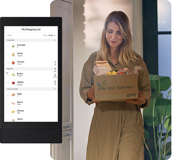 A woman brings in a box of food that says fast delivery next to a close-up of her shopping list.