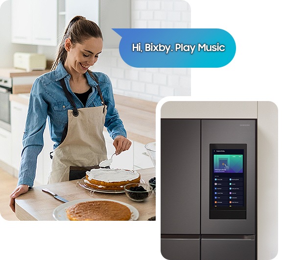 A woman ices a cake next to a speech bubble that says “Hi Bixby. Play Music.” A Family Hub display has Bixby onscreen.