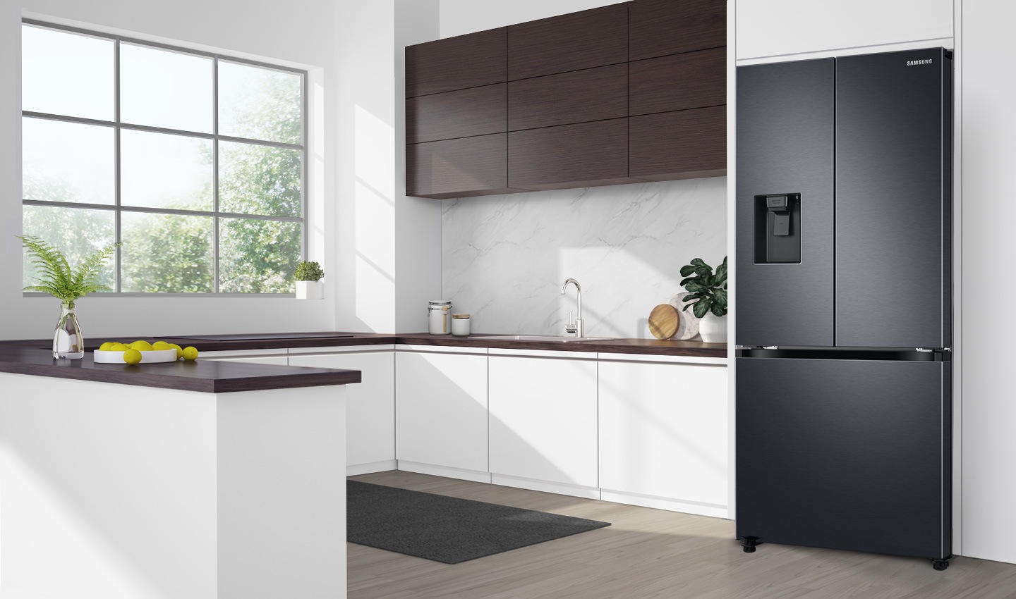 The SRF5300SD in a kitchen. The SRF5300SD is positioned slightly forward of the wall, a little further than the depth of the door