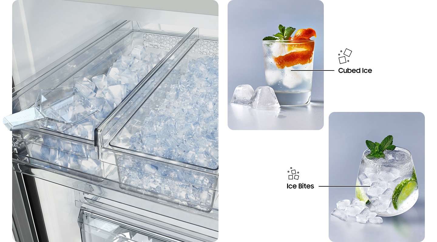 Plumbed Dual Ice Maker offers the convenience of both Cubed Ice and Ice Bites.